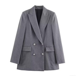 Women's Casual Business Blazer Jacket Double Breasted Polyester Blend Suit With Silver Buttons Lapel Long Sleeve Outerwear For Office Commute Lady