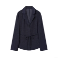 Women's Fashion Navy Blue Polyester Blazer Jacket With Belt Single Breasted Turn Down Collar Mid Length Outerwear For Office Lady Casual Elegant Coat