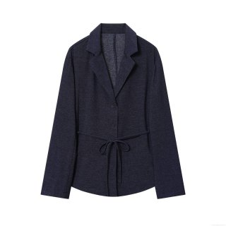 Women's Fashion Navy Blue Polyester Blazer Jacket With Belt Single Breasted Turn Down Collar Mid Length Outerwear For Office Lady Casual Elegant Coat