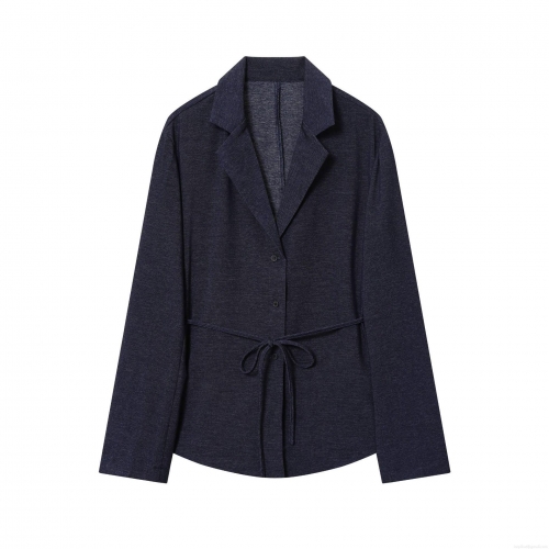 Women's Fashion Navy Blue Polyester Blazer Jacket With Belt Single Breasted Turn Down Collar Mid Length Outerwear For Office Lady Casual Elegant Coat