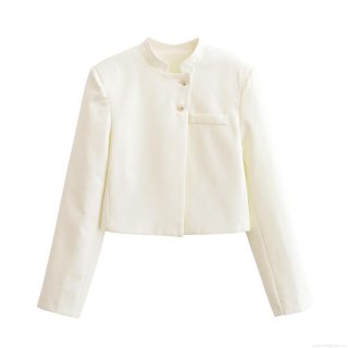 Women's Fashion Stand Collar Cropped Blazer 100% Polyester Two-Button Long Sleeve Jacket For Business Casual Office Party Minimalist Elegant Outerwear Top