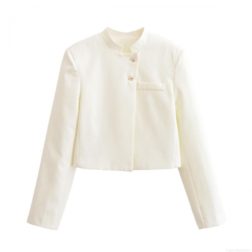 Women's Fashion Stand Collar Cropped Blazer 100% Polyester Two-Button Long Sleeve Jacket For Business Casual Office Party Minimalist Elegant Outerwear Top