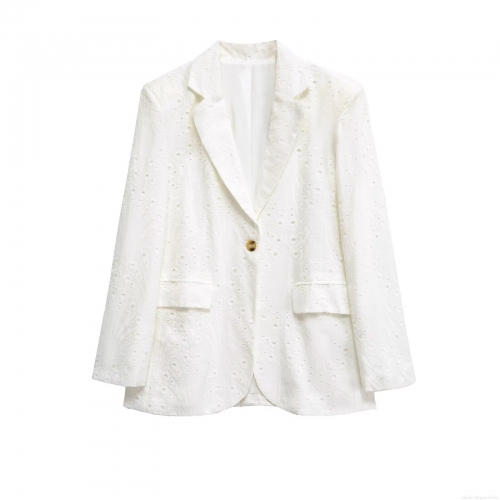 Women's Elegant White Eyelet Embroidery Blazer Jacket Single Breasted Lapel Long Sleeve Polyester Outerwear For Office Commute Casual Wear