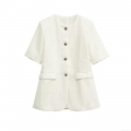 Elegant White Polyester Tweed Short Sleeve Blazer Jacket Women Solid Color Round Neck Single Breasted Short Jacket With Silver Metal Buttons For Office Party Daily Wear
