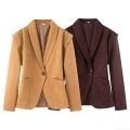 Women's Suede Texture Blazer Jacket Padded Shoulder Lapel One Button Slim Fit Outerwear For Office Daily Elegant Solid Color Long Sleeve Coat