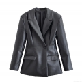 Women's Fashion PU Leather Blazer Jacket Solid Color Notched Lapel Single Button Short Coat Elegant Office Lady Casual Outerwear For Party Dating