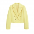 Women's Double Breasted Blazer Short Tailored 100% Polyester Solid Light Yellow Professional Suit Coat With Gold Buttons For Office Party Ladies