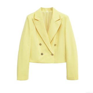 Women's Double Breasted Blazer Short Tailored 100% Polyester Solid Light Yellow Professional Suit Coat With Gold Buttons For Office Party Ladies
