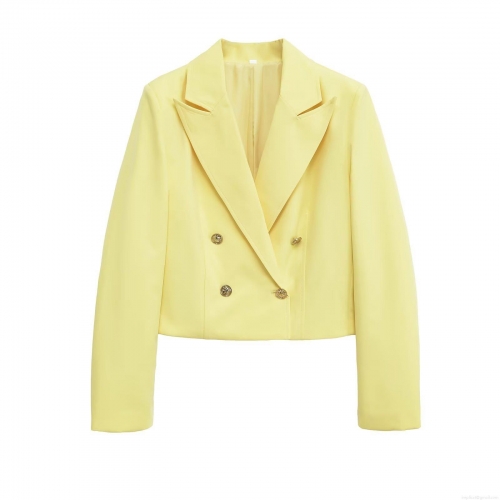 Women's Double Breasted Blazer Short Tailored 100% Polyester Solid Light Yellow Professional Suit Coat With Gold Buttons For Office Party Ladies