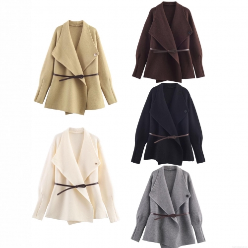 Women's Elegant Knit Blazer Cardigan Long Sleeve V-Neck Solid Color Loose Coat With Belt For Autumn Winter Commute Office Lady Fashion Outerwear