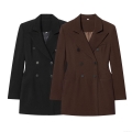 Women's Double Breasted Blazer Jacket Dress Long Sleeve Lapel Collar Slim Fit Polyester Solid Color Office Lady Elegant Commute Outwear Coat