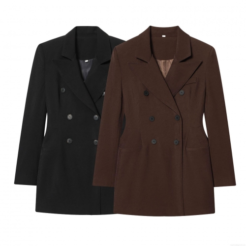 Women's Double Breasted Blazer Jacket Dress Long Sleeve Lapel Collar Slim Fit Polyester Solid Color Office Lady Elegant Commute Outwear Coat