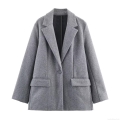 Women Fashion Notched Lapel Single Button Soft Wool Blend Blazer Jacket Elegant Long Sleeve Office Daily Oatmeal Grey Outerwear