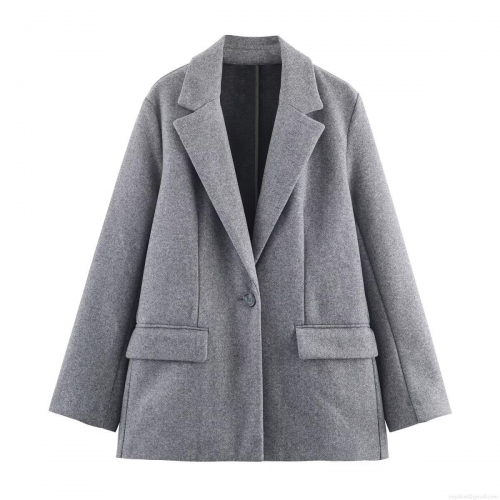 Women Fashion Notched Lapel Single Button Soft Wool Blend Blazer Jacket Elegant Long Sleeve Office Daily Oatmeal Grey Outerwear