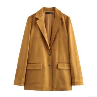 Women's Fashion Faux Suede Blazer Jacket Ginger Yellow Lapel Long Sleeve Slim Suit Coat With Pockets For Commuting Office Casual Wear Autumn Outerwear