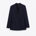 Women's Elegant Collarless Double Breasted Blazer Navy Blue Long Sleeve Office Professional Suit Jacket 100% Polyester Twill Outerwear With Flap Pockets