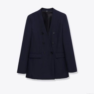 Women's Elegant Collarless Double Breasted Blazer Navy Blue Long Sleeve Office Professional Suit Jacket 100% Polyester Twill Outerwear With Flap Pockets