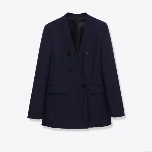 Women's Elegant Collarless Double Breasted Blazer Navy Blue Long Sleeve Office Professional Suit Jacket 100% Polyester Twill Outerwear With Flap Pockets