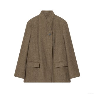 Women's Elegant Herringbone Blazer Vintage Brown Tweed Long Sleeve One Button Office Jacket With Pockets Classic Outwear