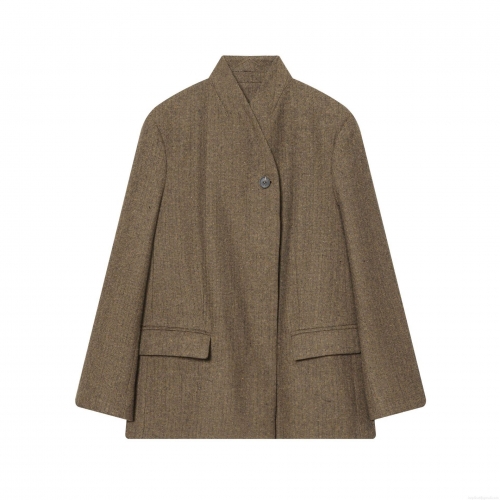 Women's Elegant Herringbone Blazer Vintage Brown Tweed Long Sleeve One Button Office Jacket With Pockets Classic Outwear