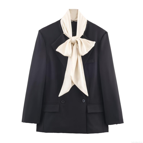 Elegant Women Black Blazer Suit Jacket With Large Creamy White Satin Bow Double Breasted Long Sleeve Office Party Outwear Fashion Hepburn Style Contrast Color Coat