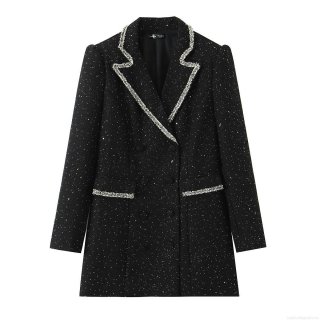 Women Elegant Long Sleeve Tweed Blazer Jacket With Shiny Sequins And Braid Trim Single Breasted Outerwear For Women Party Work Travel