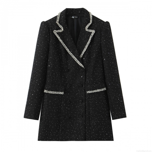 Women Elegant Long Sleeve Tweed Blazer Jacket With Shiny Sequins And Braid Trim Single Breasted Outerwear For Women Party Work Travel
