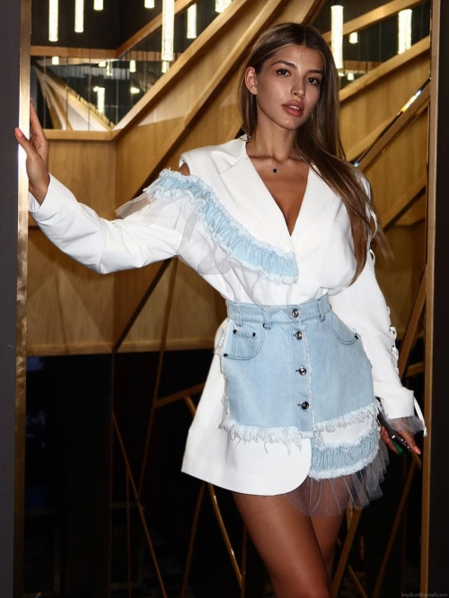 Women's Fashion Patchwork Blazer Dress Denim Ruffle Mesh Trim Long Sleeve Lapel Suit Jacket Sexy Socialite Style Party Clubwear Outfits