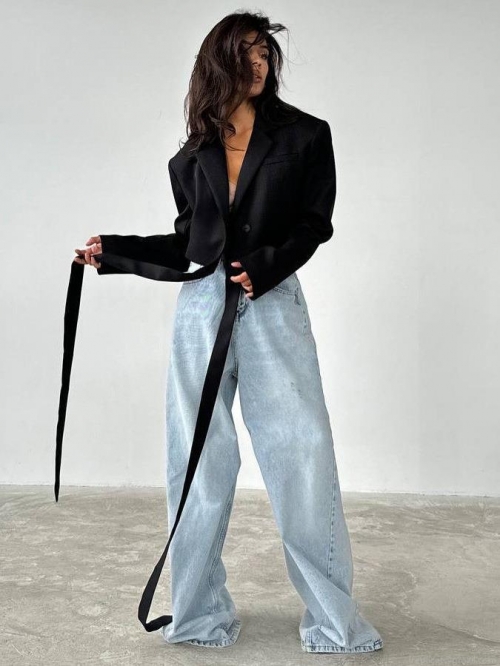 Women's Cropped Blazer Jacket With Long Streamers Cotton Blend Notched Lapel Single Breasted Solid Color High Sense Minimalist Streetwear Outerwear For Women