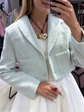 Women's Elegant French Style Tweed Blazer Short Cropped Jacket Long Sleeve Slim Fit Fashion Outwear for Office Party Lady