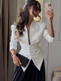 Women Sexy Slim Fit Asymmetric Hem Blazer Polyester Long Sleeve Waist Cinching Single Breasted Suit Jacket For Office Daily Streetwear