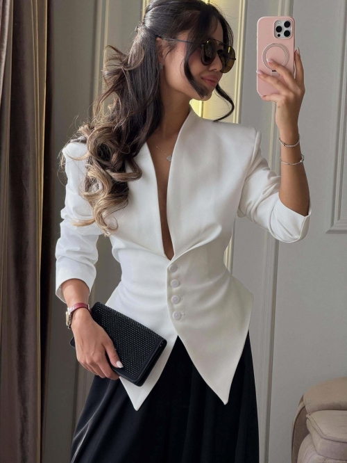 Women Sexy Slim Fit Asymmetric Hem Blazer Polyester Long Sleeve Waist Cinching Single Breasted Suit Jacket For Office Daily Streetwear