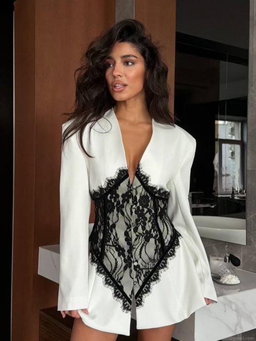 Women's Sexy Lace Patchwork Blazer Jacket Polyester Lace Trim Slim Fit Long Sleeve V Neck Suit Dress For Party Fashion Streetwear