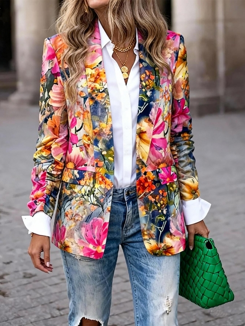 Women's Floral Print Blazer Jacket Slim Fit Lightweight Polyester Nine-Point Sleeve Open Front Casual Fashion Streetwear Office Lady Autumn Outerwear