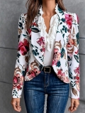 Women Floral Print Blazer Jacket Elegant Polyester Slim Fit Long Sleeve Open Front Ruffle Shawl Collar Business Casual Outwear Office Ladies Fashion Coat