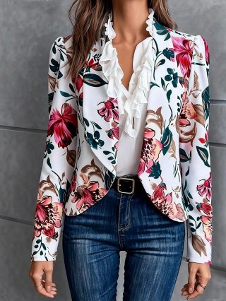 Women Floral Print Blazer Jacket Elegant Polyester Slim Fit Long Sleeve Open Front Ruffle Shawl Collar Business Casual Outwear Office Ladies Fashion Coat