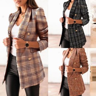 Women Tweed Plaid Blazer Elegant Double Breasted Jacket Slim Fit Checkered Suit Coat With Gold Buttons For Office Casual Commute