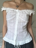 Women's Off Shoulder Blouse Viscose Polyamide Blend Sleeveless Button Up Shirt With Ruffles For Summer Casual Y2K Sexy Top