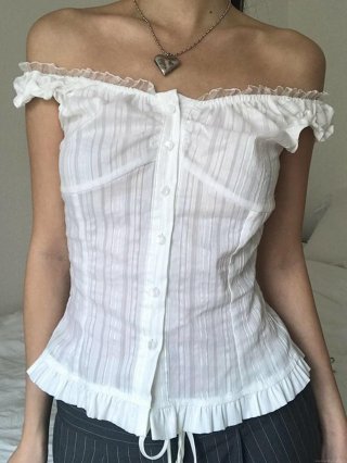 Women's Off Shoulder Blouse Viscose Polyamide Blend Sleeveless Button Up Shirt With Ruffles For Summer Casual Y2K Sexy Top