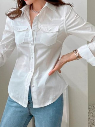 Women's Solid Color 100% Polyester Long Sleeve Shirt Casual Polo Neck Button Down Blouse With Double Chest Pockets For Daily Travel Office Leisure Style