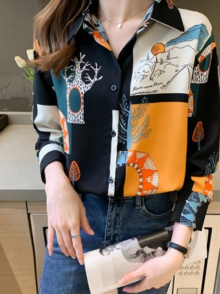 Women's Casual Long Sleeve Button Down Shirt 100% Polyester Lapel Collar Top With Abstract Nature Patchwork Print And Chain Pattern For Vacation Fashion