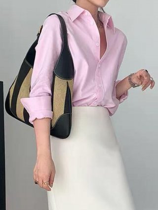 Women's Casual Long Sleeve Blouse 100% Polyester V-Neck Button Down Shirt Solid Color Slim Fit Y2K Vintage Top for Daily Office Wear