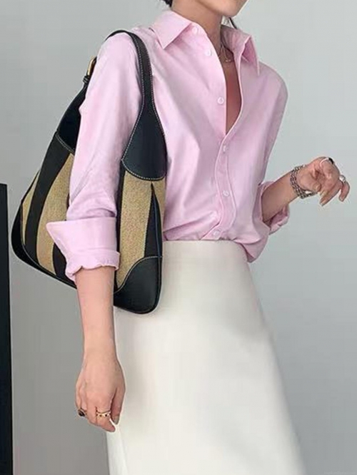 Women's Casual Long Sleeve Blouse 100% Polyester V-Neck Button Down Shirt Solid Color Slim Fit Y2K Vintage Top for Daily Office Wear