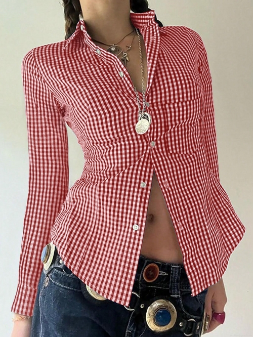 Women's Plaid Button Down Shirt Polyester Cotton Blend Long Sleeve Slim Fit Blouse Y2K Retro Casual Top for Daily Commuting Fall Winter Fashion