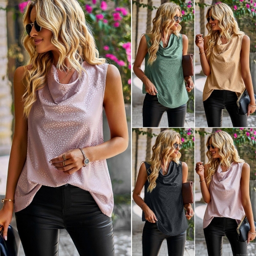 Women Cowl Neck Sleeveless Top Leopard Animal Print Satin Blouse Elegant Slim Fit Office Lady Summer Tank Top Pink Green Black Khaki