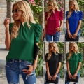 Women's Elegant Acrylic Blouse Puff Sleeve Mock Neck Solid Color Back Bow Knot Top for Office Daily Casual Versatile Shirt Women Clothing