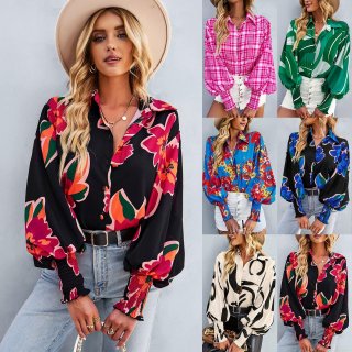 Women's Elegant Long Sleeve Polyester Printed Blouse Contrast Color Lantern Sleeve Button Down Top Casual Commuter Shirt For Lady Floral Leaf Pattern