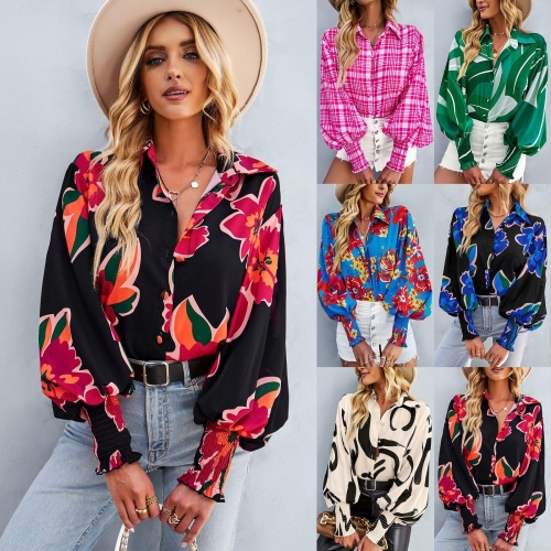 Women's Elegant Long Sleeve Polyester Printed Blouse Contrast Color Lantern Sleeve Button Down Top Casual Commuter Shirt For Lady Floral Leaf Pattern