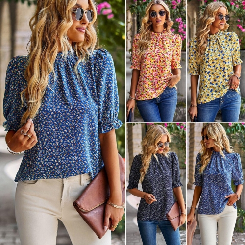 Women's Floral Blouse Viscose Breathable Short Sleeve Puff Sleeve Mock Neck Casual Vacation Commute Shirts Top for Women Summer Fashion