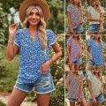 Women's V-Neck Floral Print Chiffon Blouse Petal Sleeve Lace Trim Casual Loose Summer T-Shirt Elegant Commuter Tops for Ladies